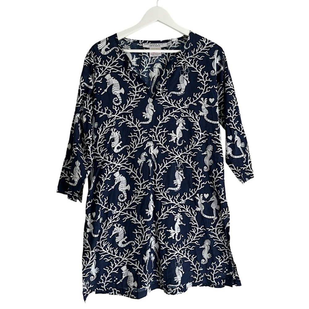 Gretchen Scott Designs Seahorse Print Split Neck Tunic Blue White Size Small‎